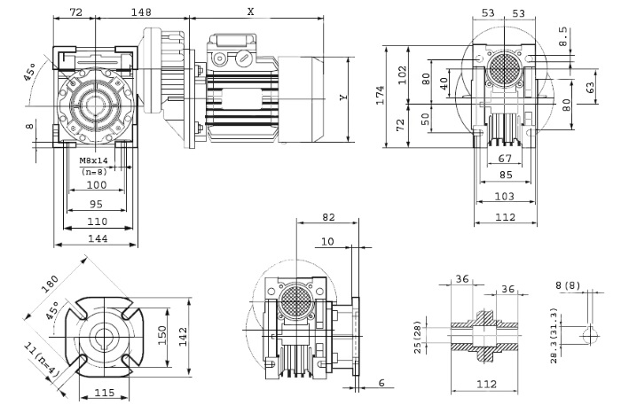 Размеры мотор-редуктора PCRV 063/063